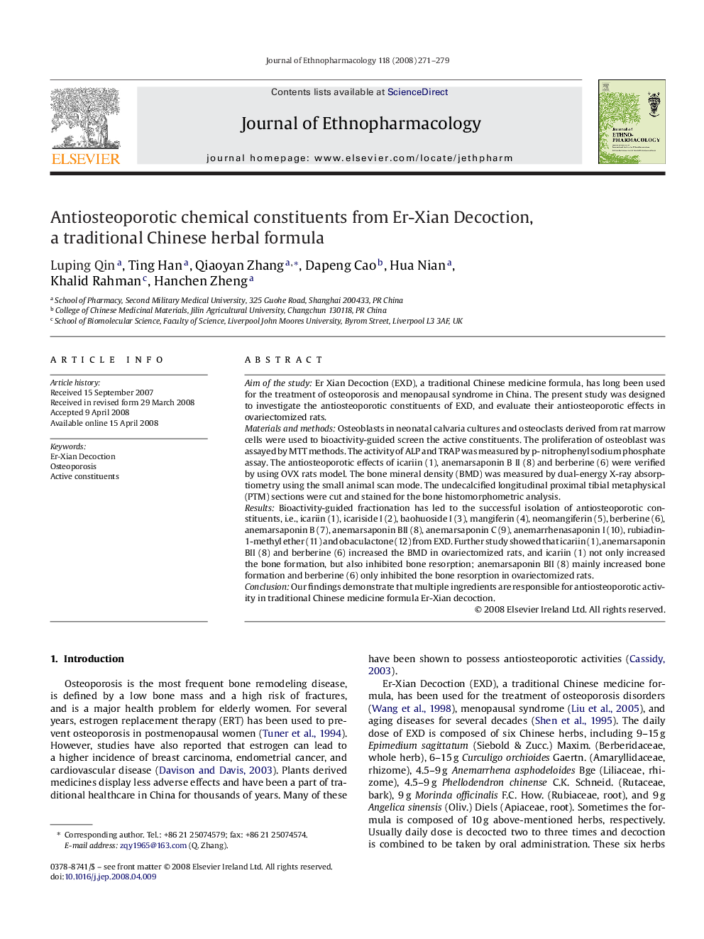 Antiosteoporotic chemical constituents from Er-Xian Decoction, a traditional Chinese herbal formula