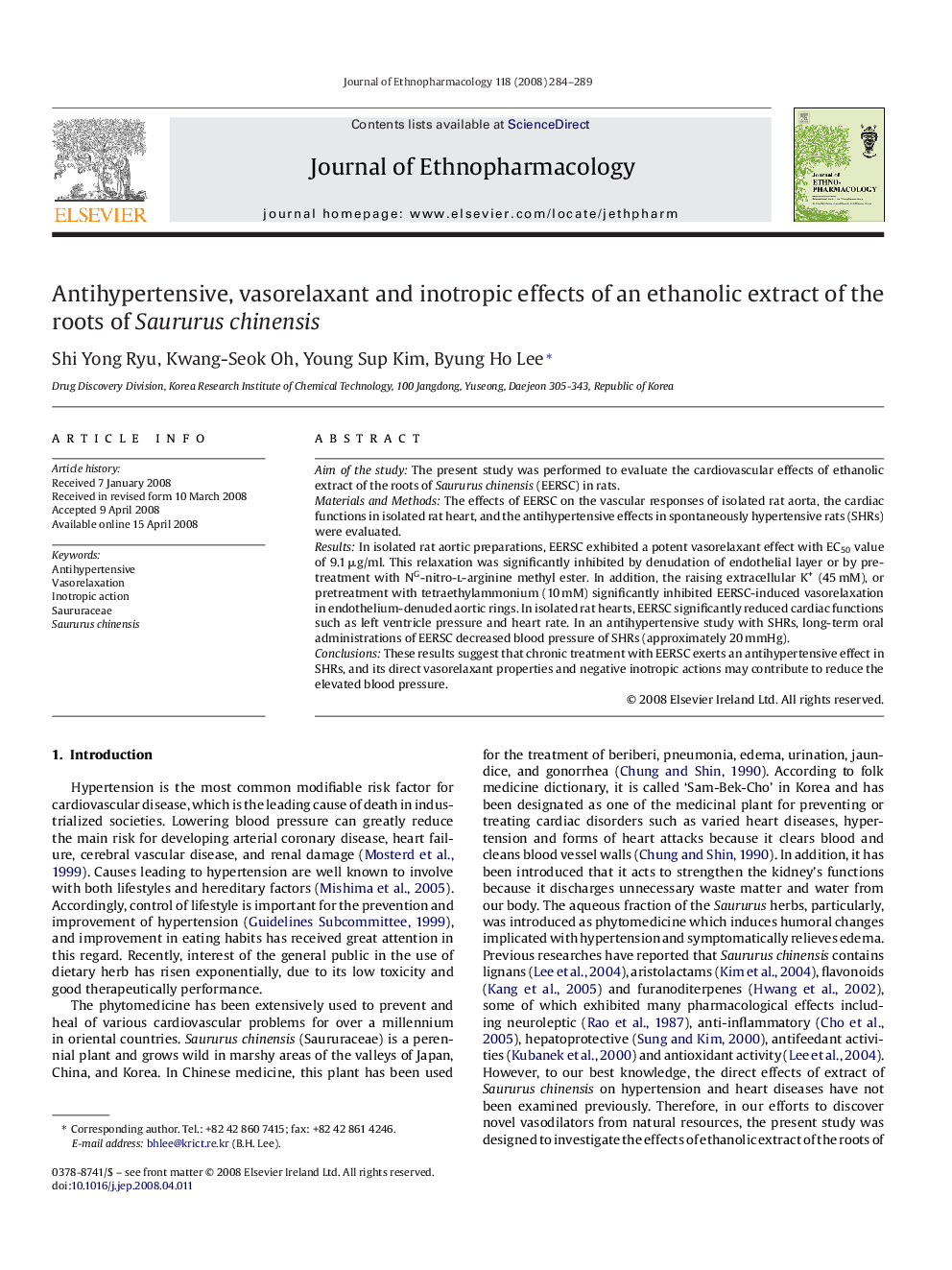 Antihypertensive, vasorelaxant and inotropic effects of an ethanolic extract of the roots of Saururus chinensis