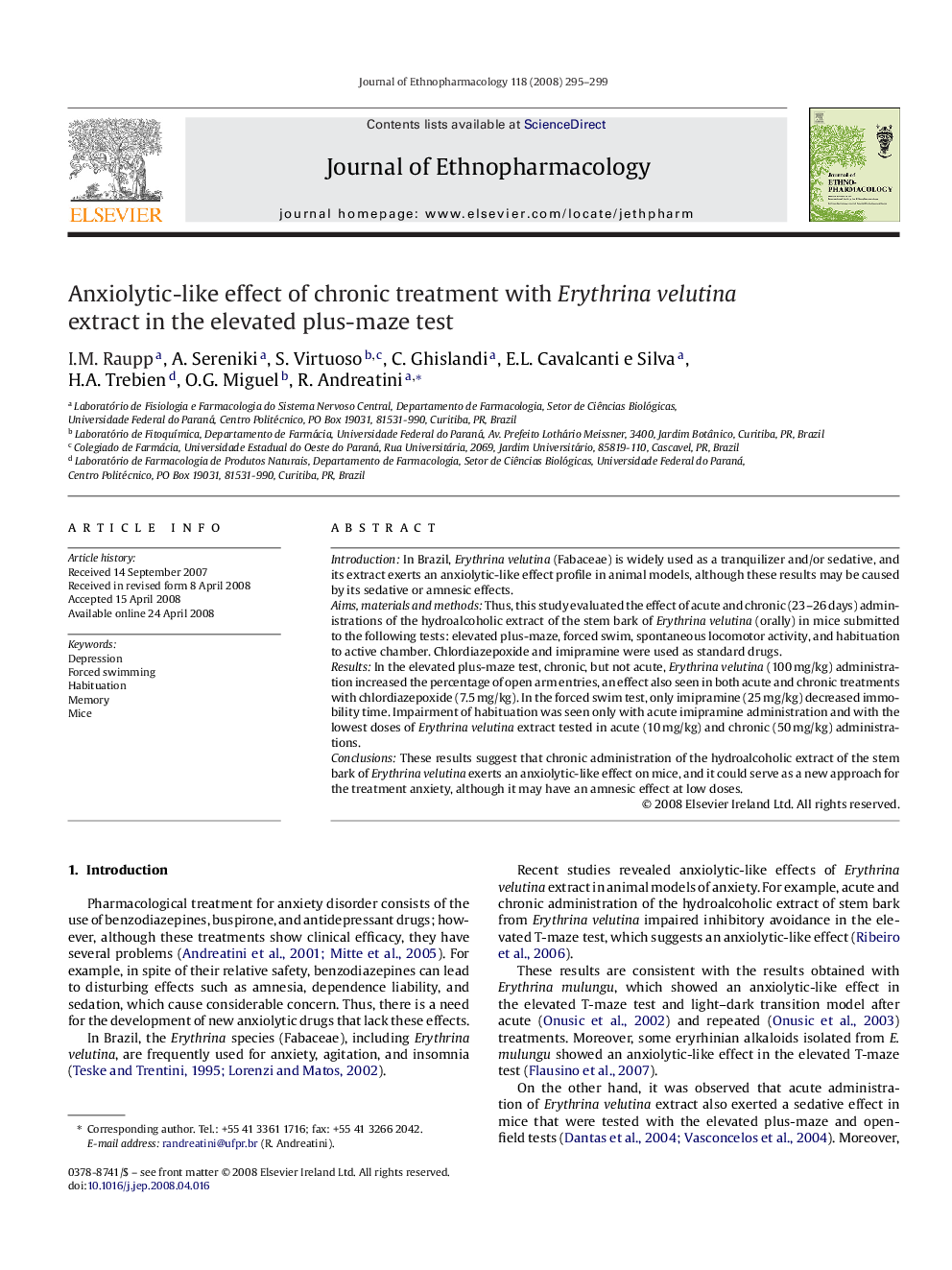 Anxiolytic-like effect of chronic treatment with Erythrina velutina extract in the elevated plus-maze test