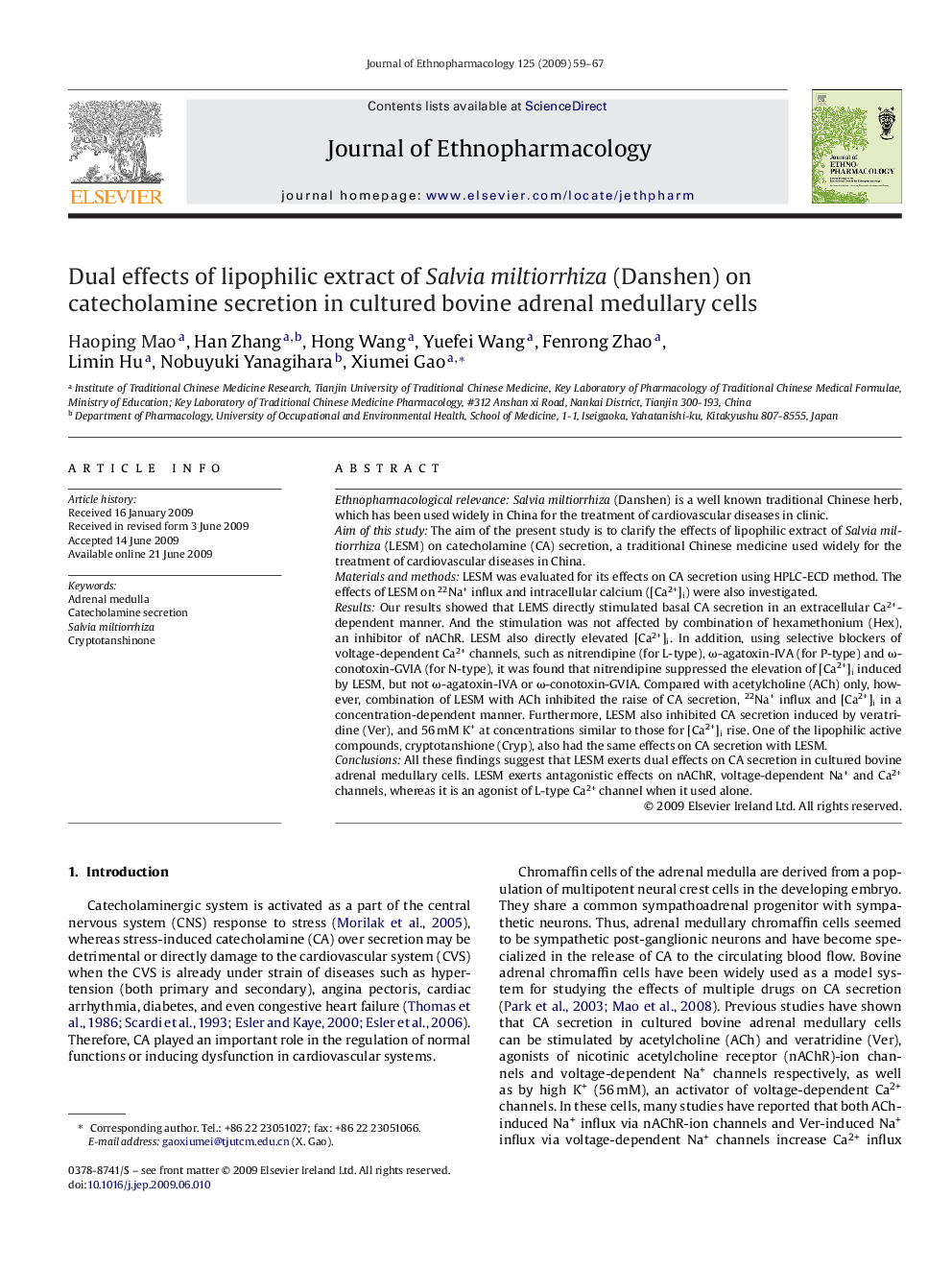 Dual effects of lipophilic extract of Salvia miltiorrhiza (Danshen) on catecholamine secretion in cultured bovine adrenal medullary cells