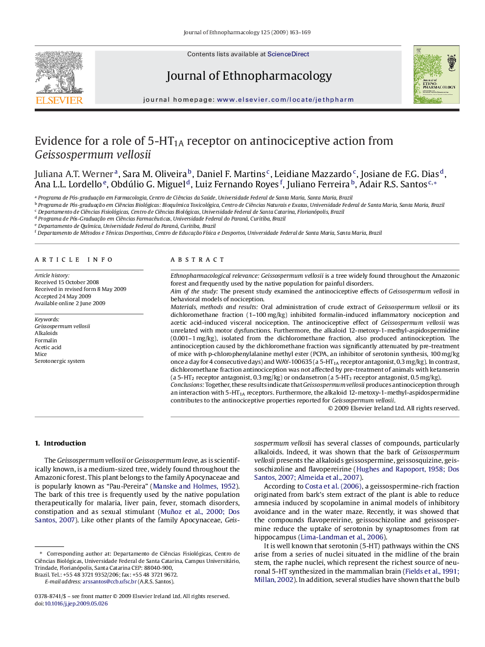 Evidence for a role of 5-HT1A receptor on antinociceptive action from Geissospermum vellosii