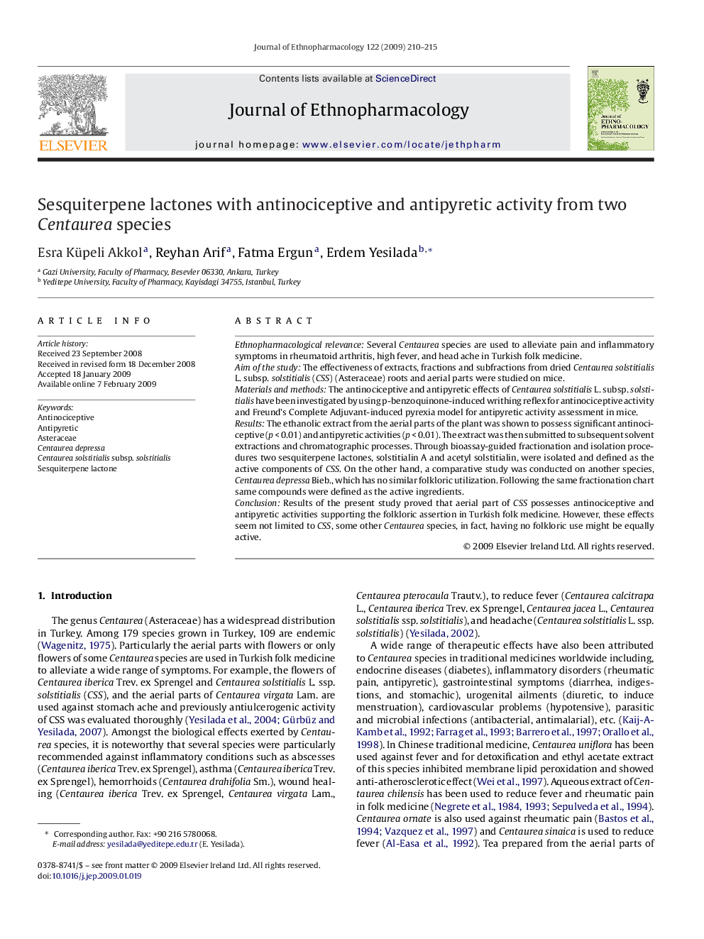 Sesquiterpene lactones with antinociceptive and antipyretic activity from two Centaurea species