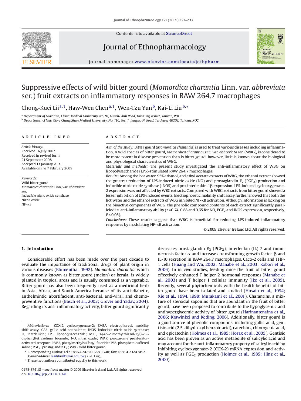 Suppressive effects of wild bitter gourd (Momordica charantia Linn. var. abbreviata ser.) fruit extracts on inflammatory responses in RAW 264.7 macrophages