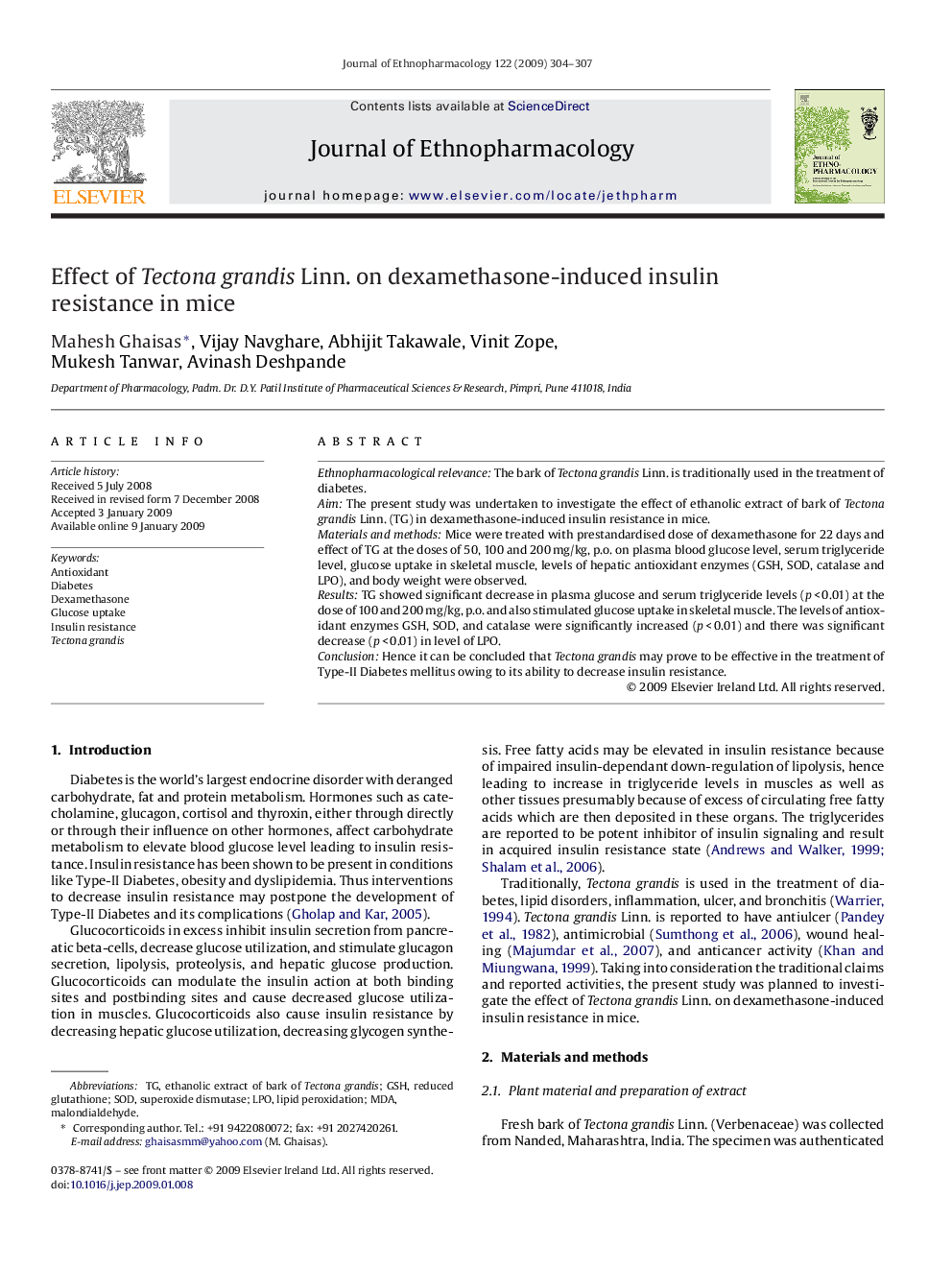 Effect of Tectona grandis Linn. on dexamethasone-induced insulin resistance in mice