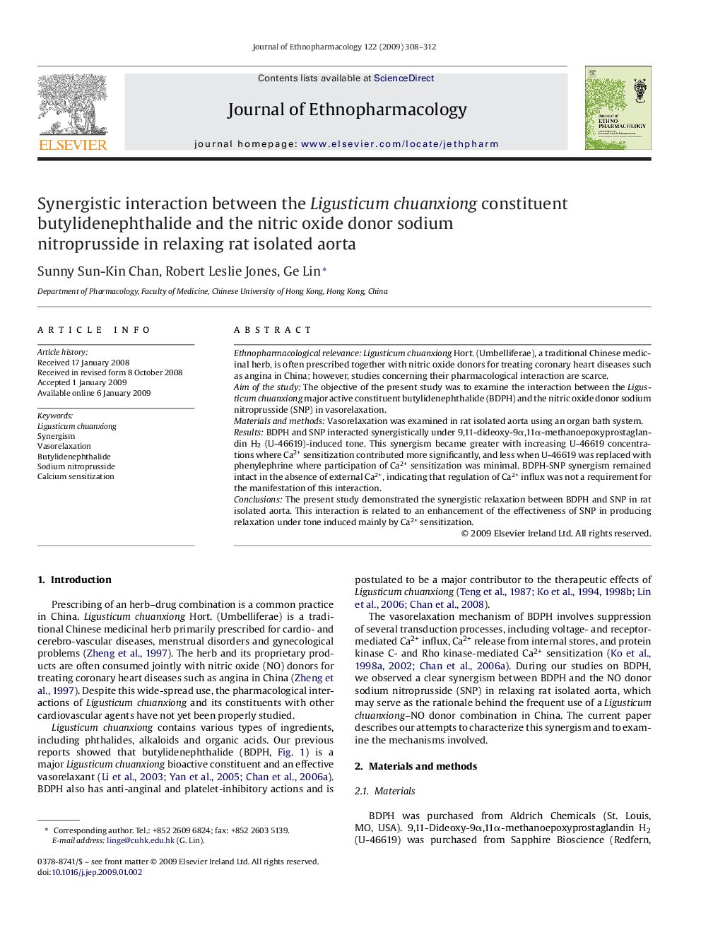 Synergistic interaction between the Ligusticum chuanxiong constituent butylidenephthalide and the nitric oxide donor sodium nitroprusside in relaxing rat isolated aorta