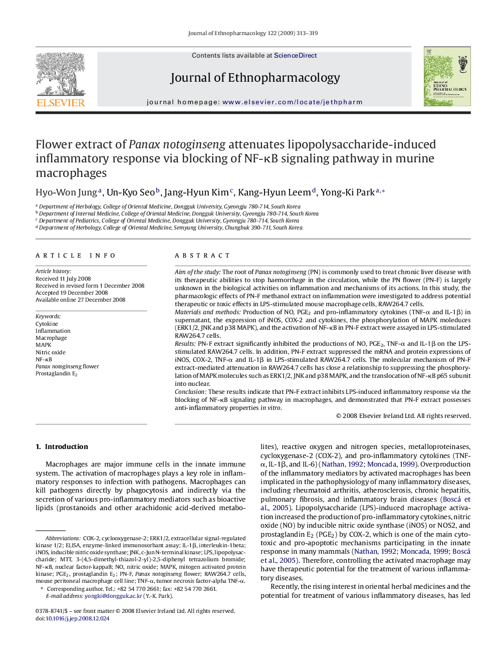 Flower extract of Panax notoginseng attenuates lipopolysaccharide-induced inflammatory response via blocking of NF-κB signaling pathway in murine macrophages