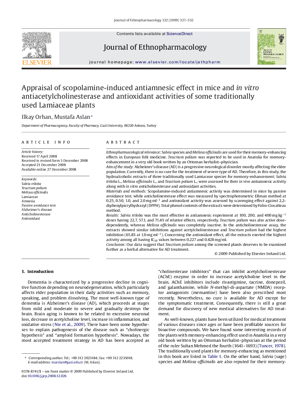 Appraisal of scopolamine-induced antiamnesic effect in mice and in vitro antiacetylcholinesterase and antioxidant activities of some traditionally used Lamiaceae plants