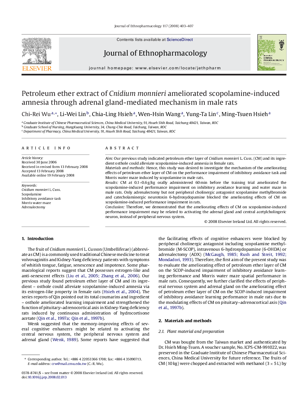 Petroleum ether extract of Cnidium monnieri ameliorated scopolamine-induced amnesia through adrenal gland-mediated mechanism in male rats