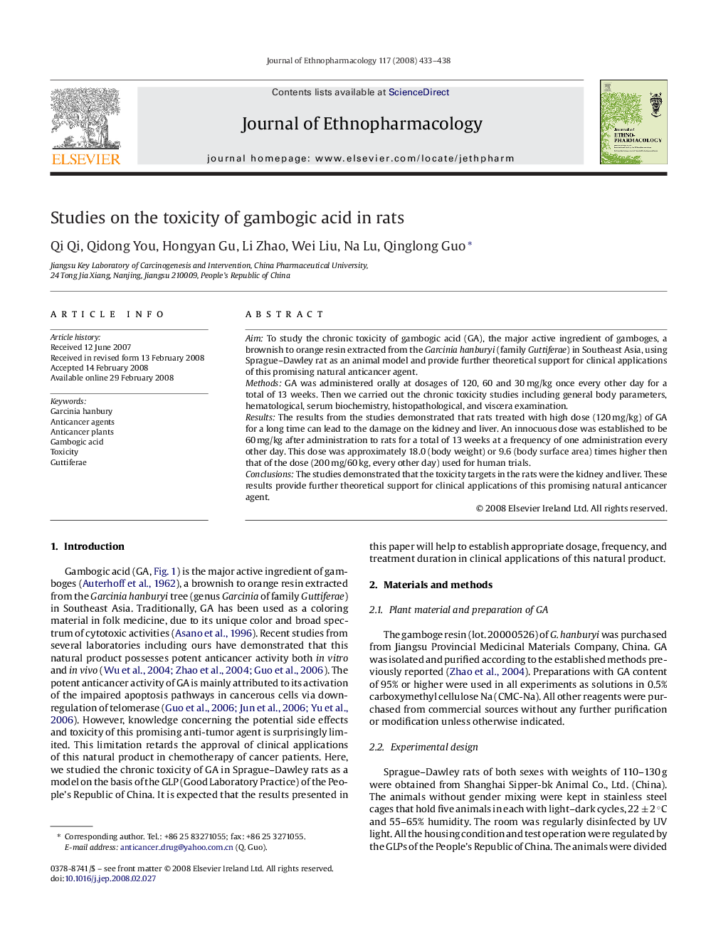 Studies on the toxicity of gambogic acid in rats