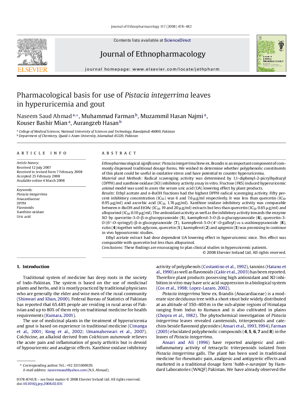 Pharmacological basis for use of Pistacia integerrima leaves in hyperuricemia and gout