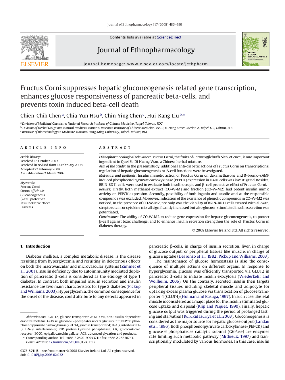 Fructus Corni suppresses hepatic gluconeogenesis related gene transcription, enhances glucose responsiveness of pancreatic beta-cells, and prevents toxin induced beta-cell death