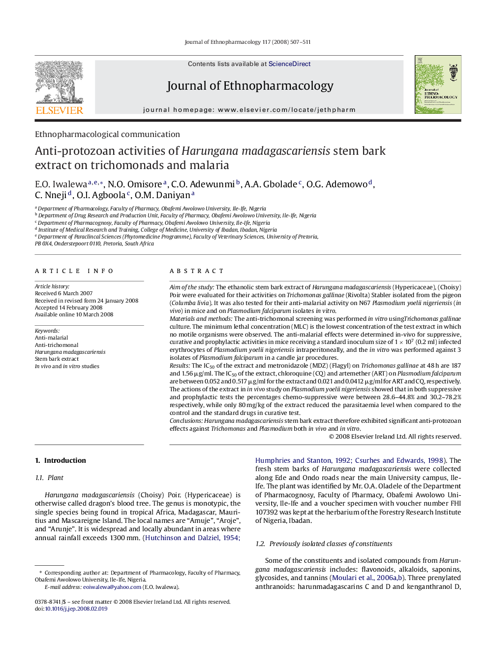 Anti-protozoan activities of Harungana madagascariensis stem bark extract on trichomonads and malaria