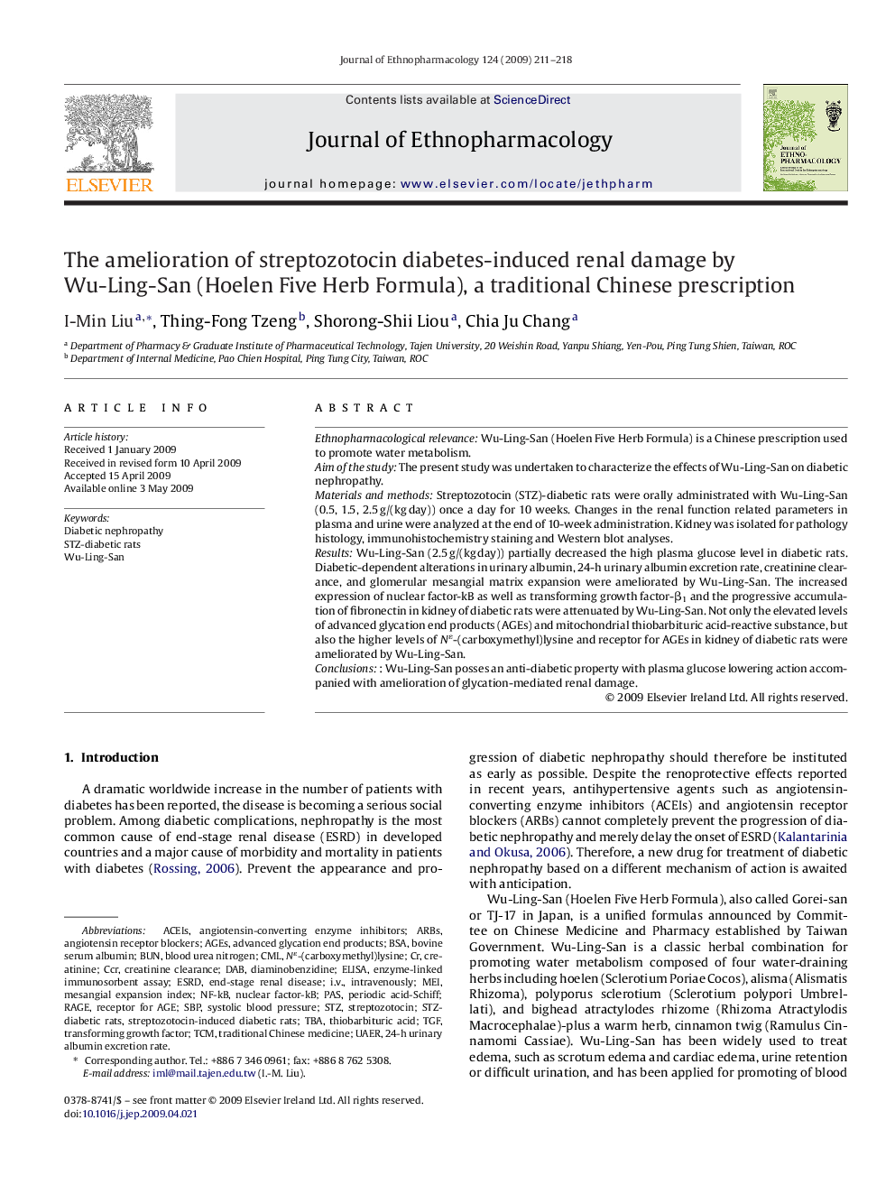 The amelioration of streptozotocin diabetes-induced renal damage by Wu-Ling-San (Hoelen Five Herb Formula), a traditional Chinese prescription