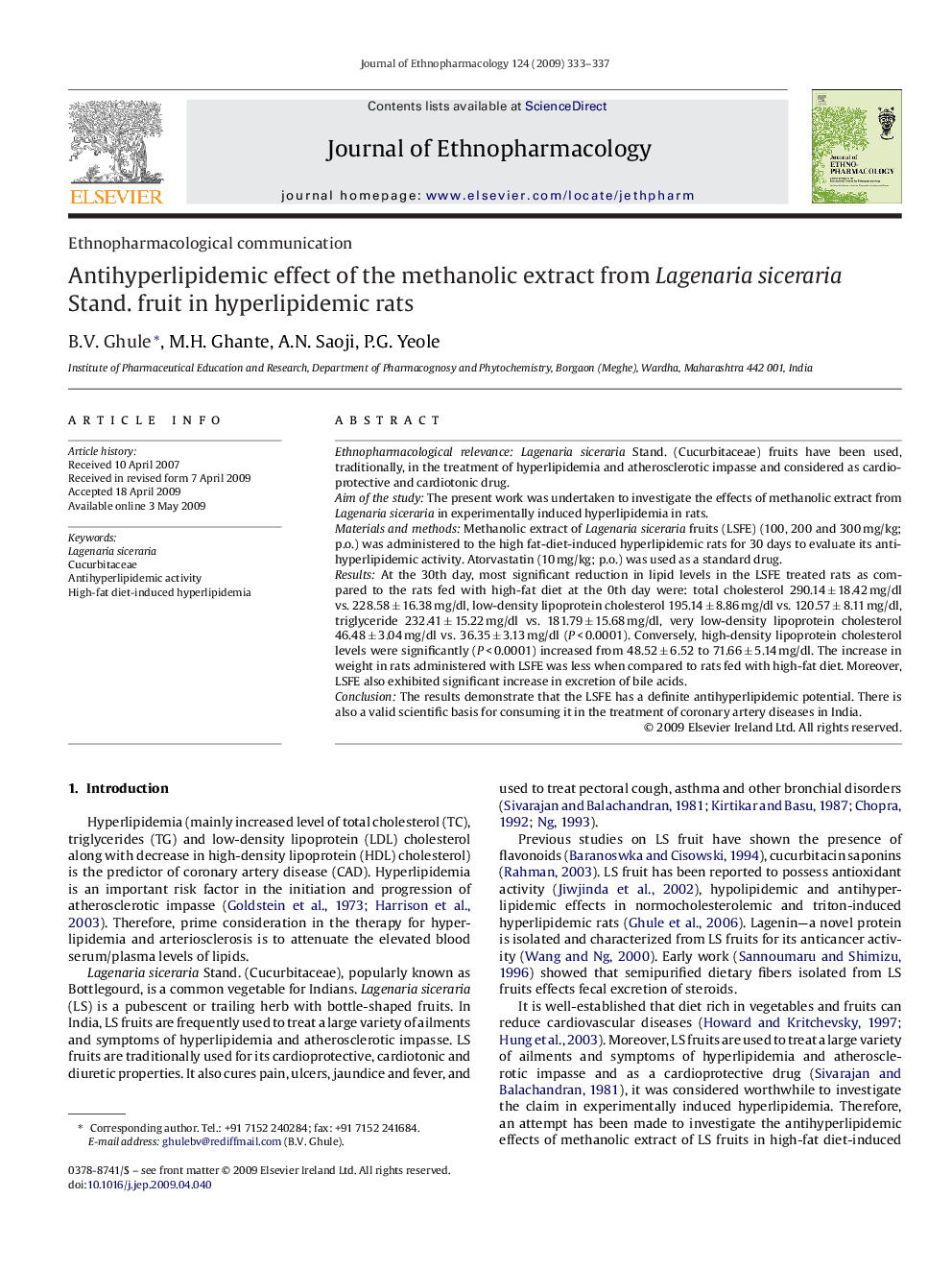 Antihyperlipidemic effect of the methanolic extract from Lagenaria siceraria Stand. fruit in hyperlipidemic rats