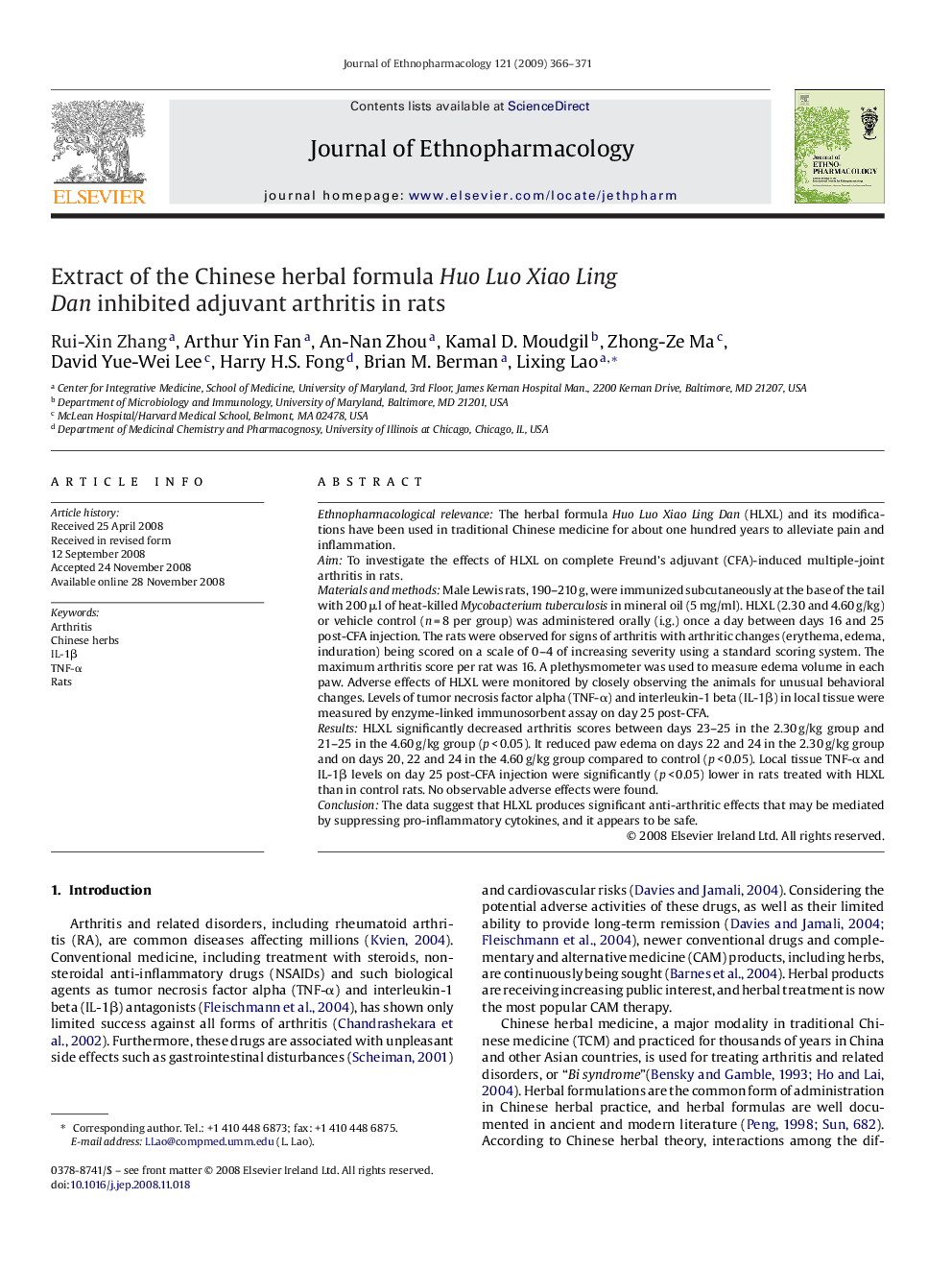 Extract of the Chinese herbal formula Huo Luo Xiao LingDan inhibited adjuvant arthritis in rats