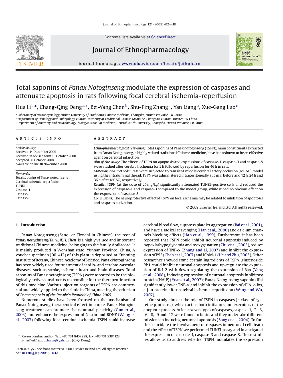 Total saponins of Panax Notoginseng modulate the expression of caspases and attenuate apoptosis in rats following focal cerebral ischemia-reperfusion