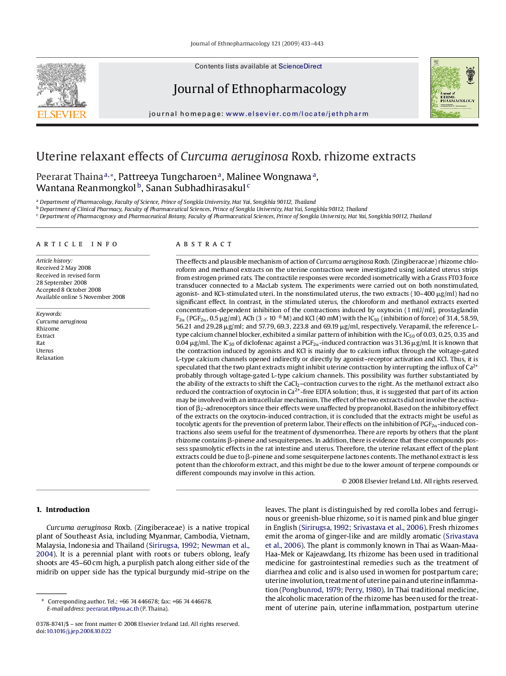 Uterine relaxant effects of Curcuma aeruginosa Roxb. rhizome extracts