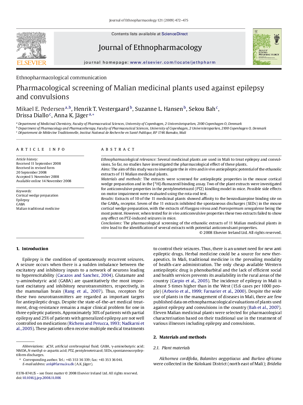 Pharmacological screening of Malian medicinal plants used against epilepsy and convulsions