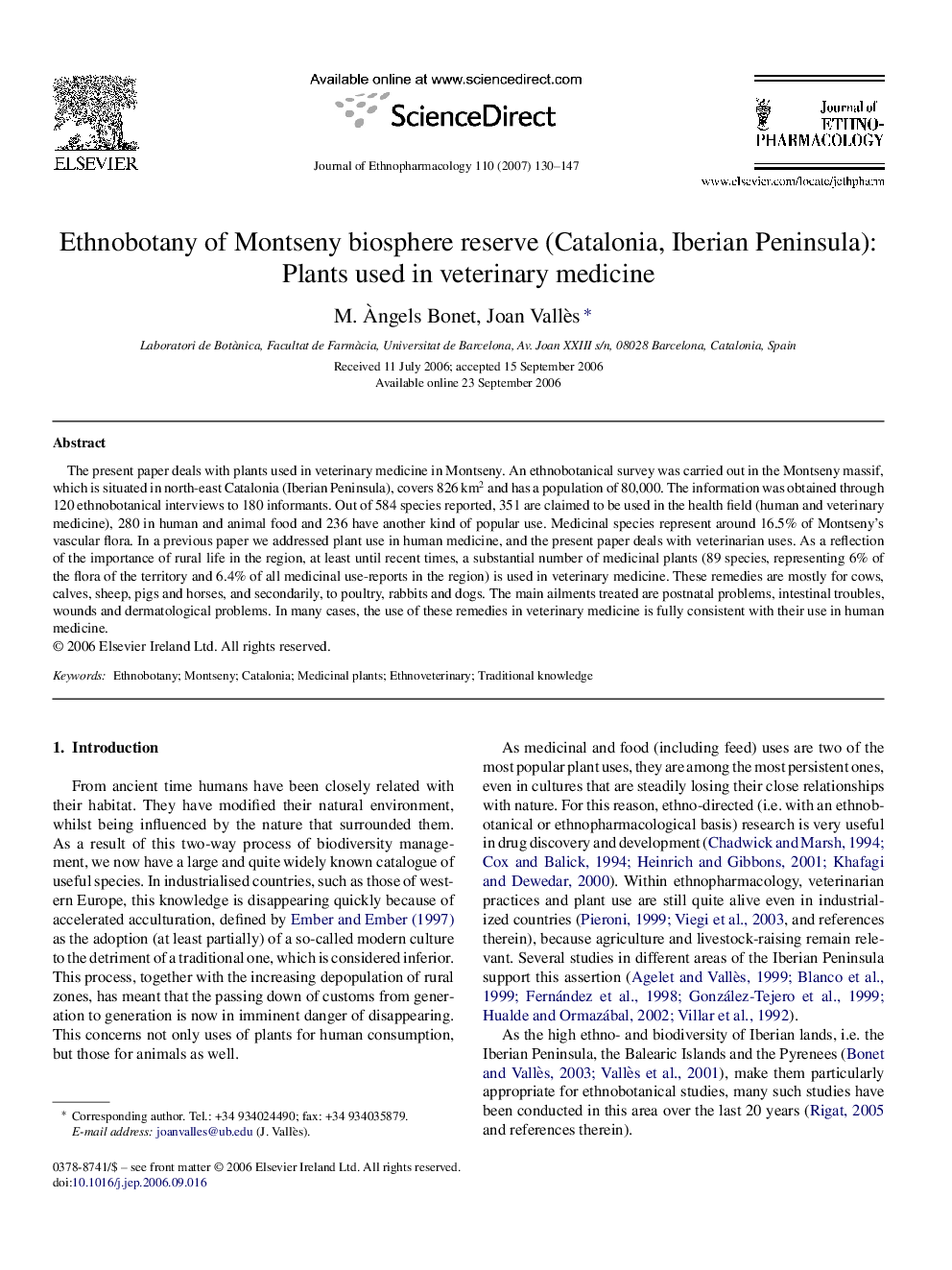 Ethnobotany of Montseny biosphere reserve (Catalonia, Iberian Peninsula): Plants used in veterinary medicine
