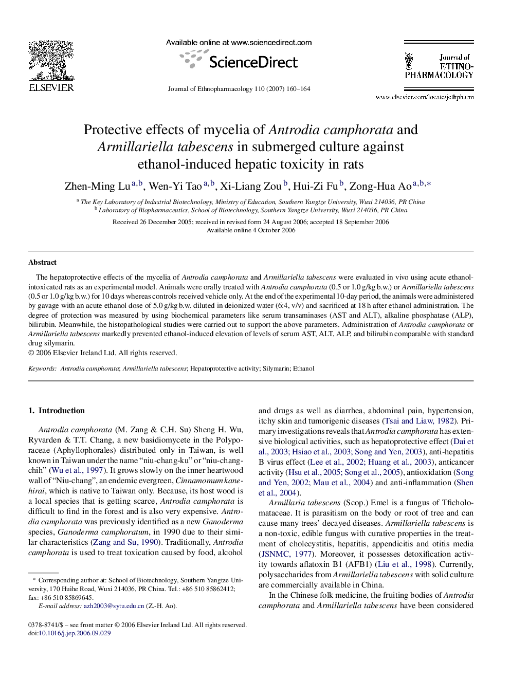 Protective effects of mycelia of Antrodia camphorata and Armillariella tabescens in submerged culture against ethanol-induced hepatic toxicity in rats