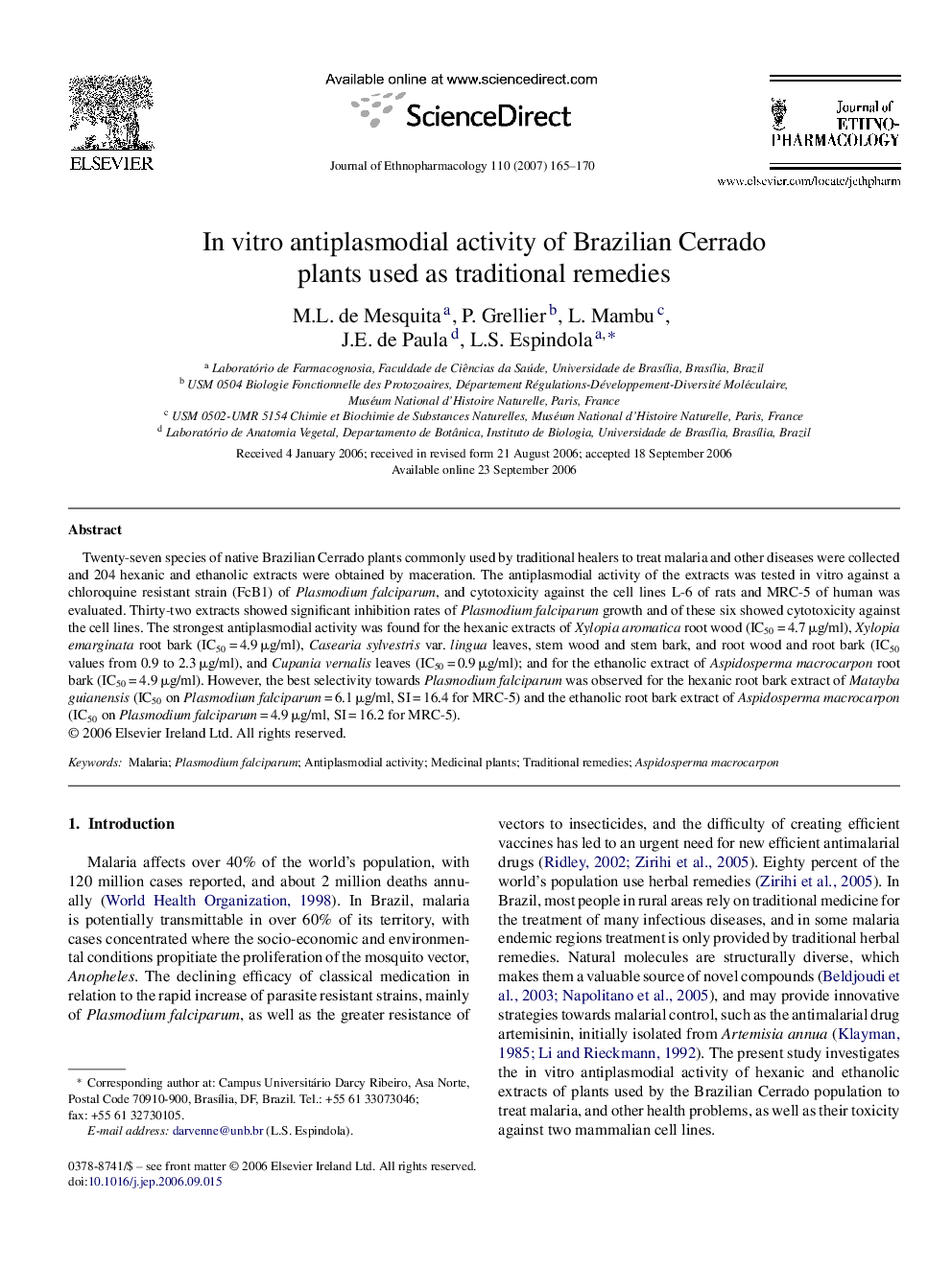 In vitro antiplasmodial activity of Brazilian Cerrado plants used as traditional remedies