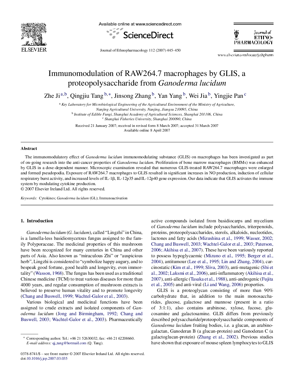 Immunomodulation of RAW264.7 macrophages by GLIS, a proteopolysaccharide from Ganoderma lucidum