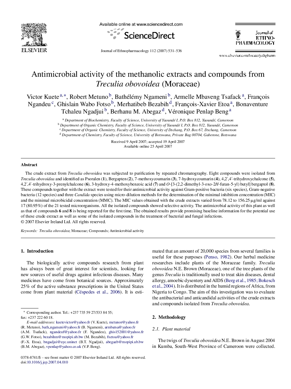 Antimicrobial activity of the methanolic extracts and compounds from Treculia obovoidea (Moraceae)