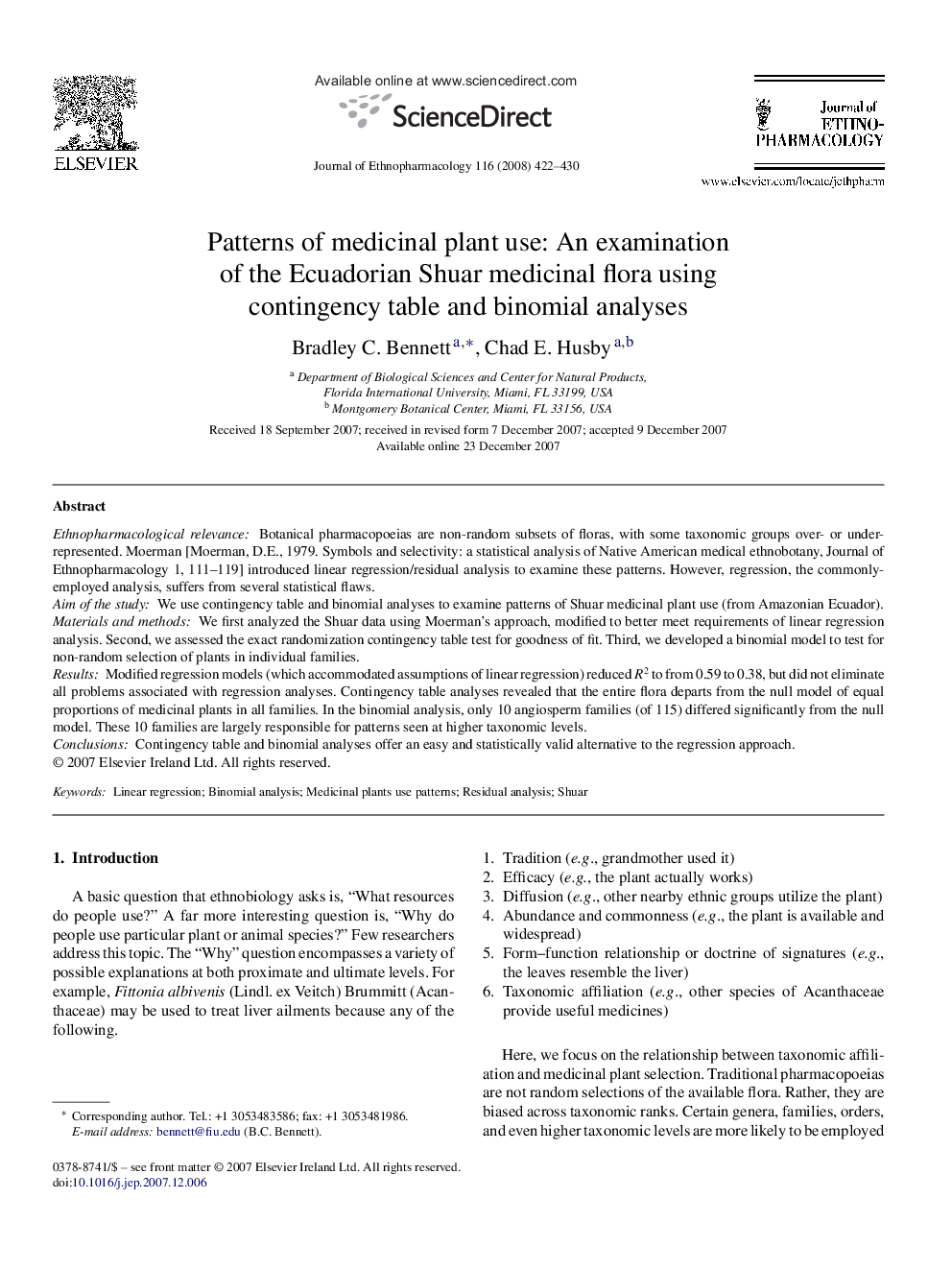 Patterns of medicinal plant use: An examination of the Ecuadorian Shuar medicinal flora using contingency table and binomial analyses