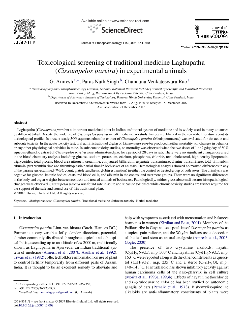 Toxicological screening of traditional medicine Laghupatha (Cissampelos pareira) in experimental animals