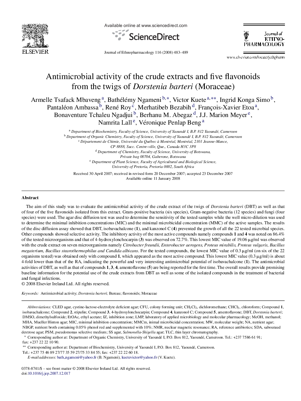 Antimicrobial activity of the crude extracts and five flavonoids from the twigs of Dorstenia barteri (Moraceae)