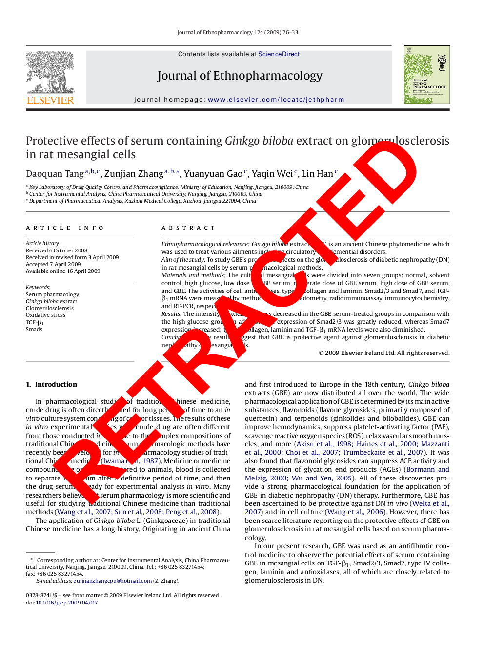 RETRACTED: Protective effects of serum containing Ginkgo biloba extract on glomerulosclerosis in rat mesangial cells