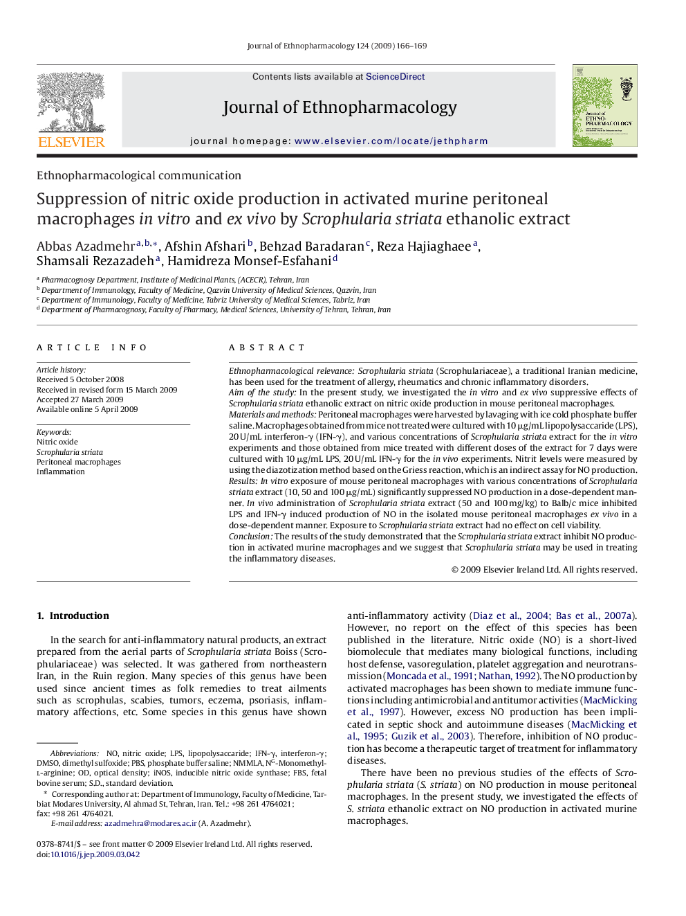 Suppression of nitric oxide production in activated murine peritoneal macrophages in vitro and ex vivo by Scrophularia striata ethanolic extract