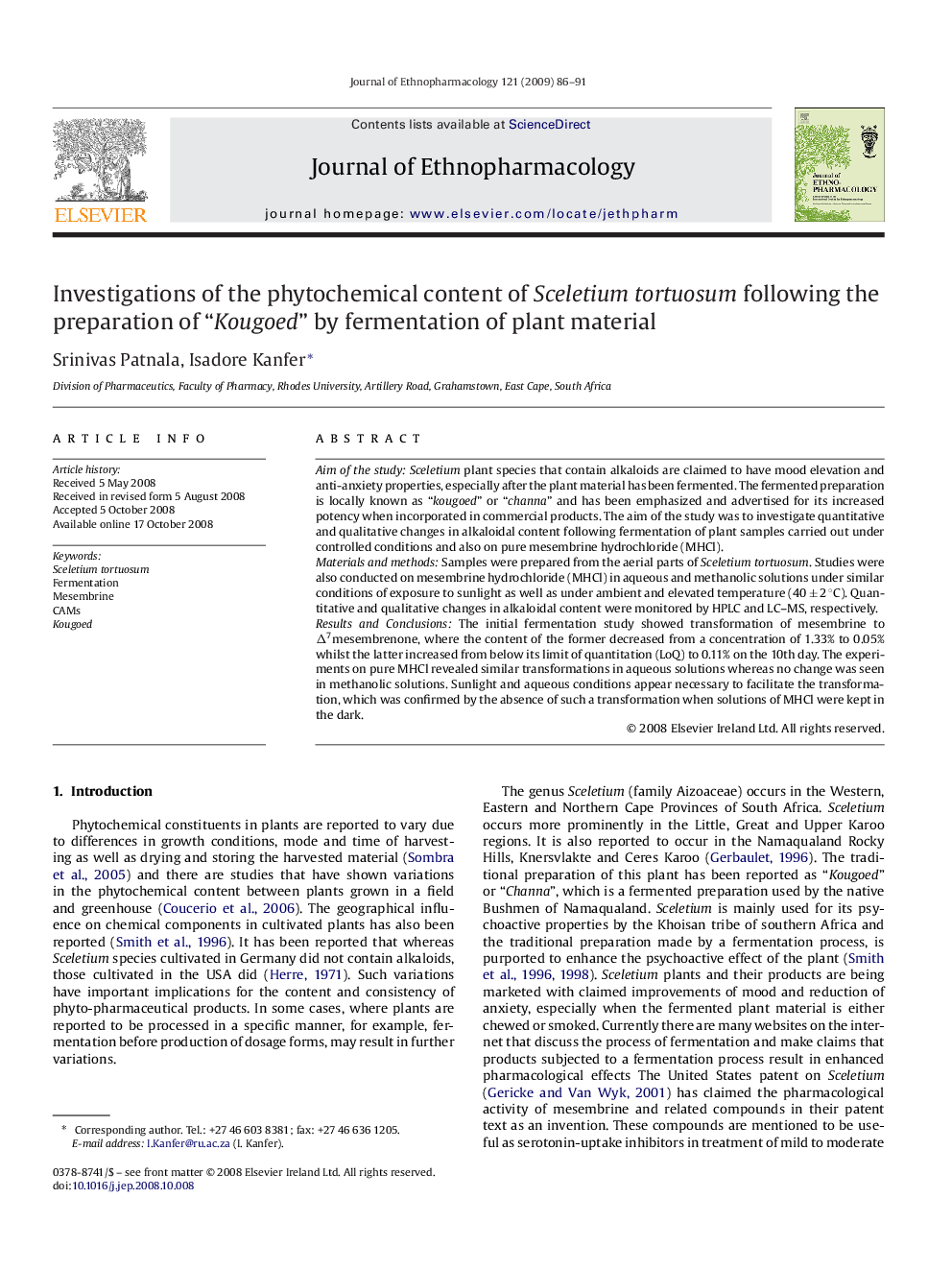 Investigations of the phytochemical content of Sceletium tortuosum following the preparation of “Kougoed” by fermentation of plant material