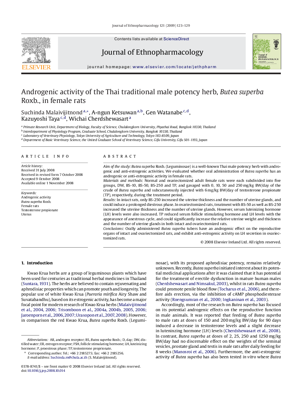 Androgenic activity of the Thai traditional male potency herb, Butea superba Roxb., in female rats