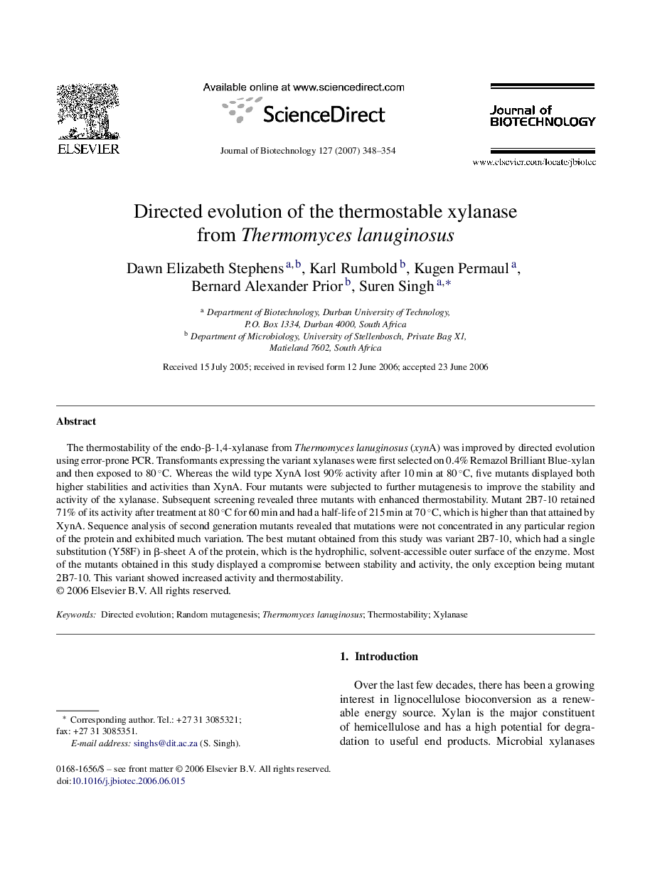 Directed evolution of the thermostable xylanase from Thermomyces lanuginosus