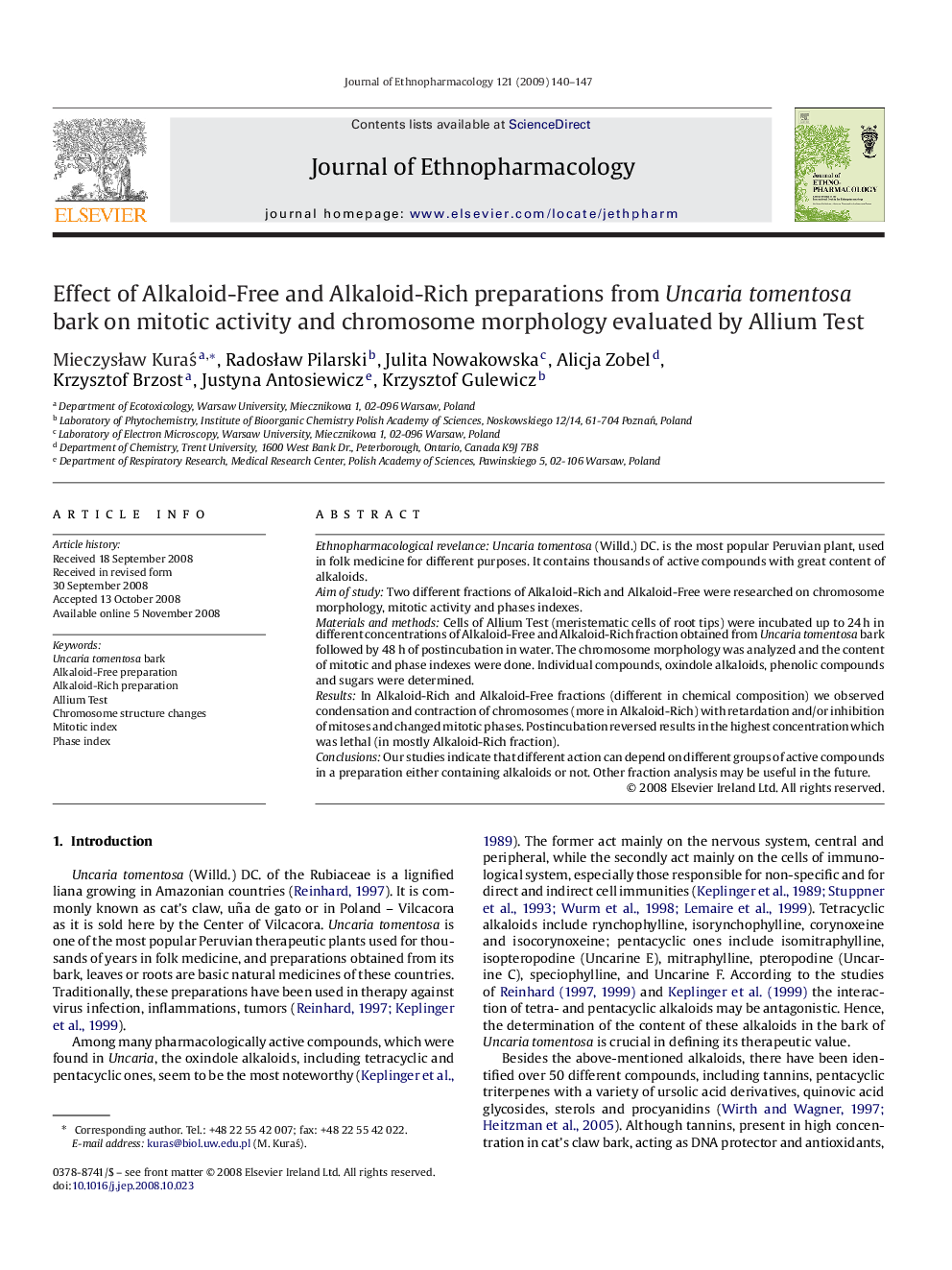 Effect of Alkaloid-Free and Alkaloid-Rich preparations from Uncaria tomentosa bark on mitotic activity and chromosome morphology evaluated by Allium Test