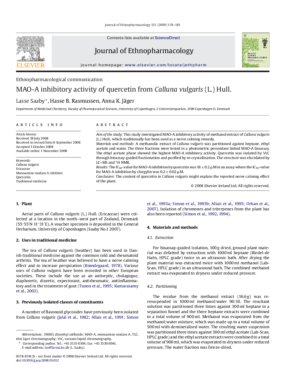 MAO-A inhibitory activity of quercetin from Calluna vulgaris (L.) Hull.