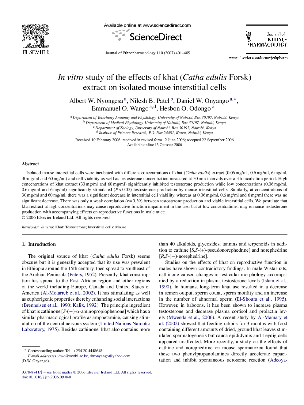 In vitro study of the effects of khat (Catha edulis Forsk) extract on isolated mouse interstitial cells