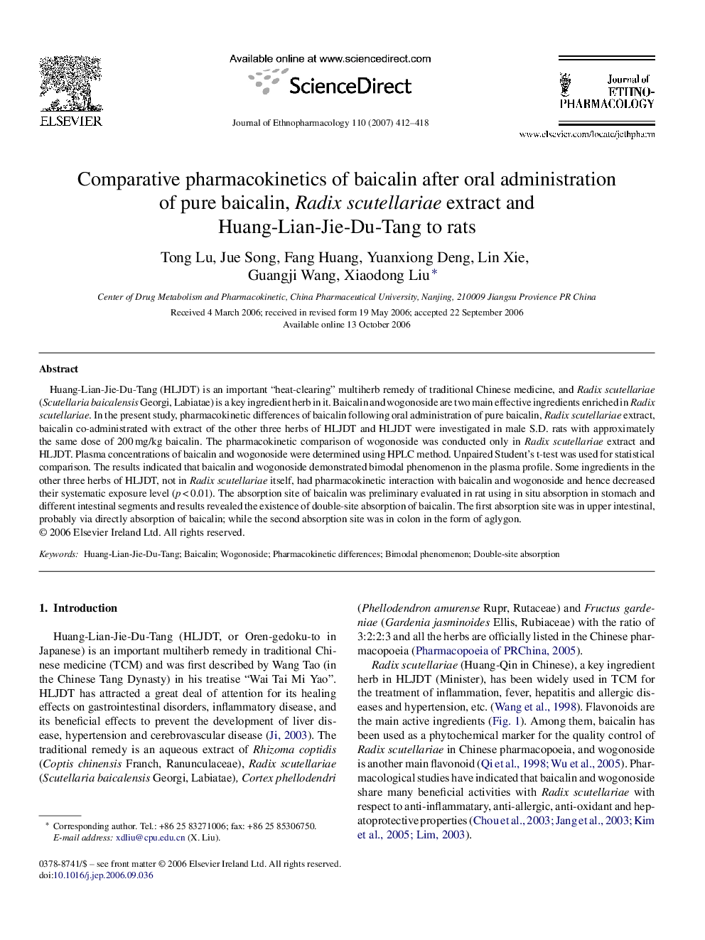 Comparative pharmacokinetics of baicalin after oral administration of pure baicalin, Radix scutellariae extract and Huang-Lian-Jie-Du-Tang to rats