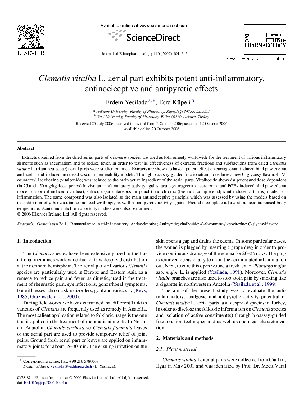 Clematis vitalba L. aerial part exhibits potent anti-inflammatory, antinociceptive and antipyretic effects