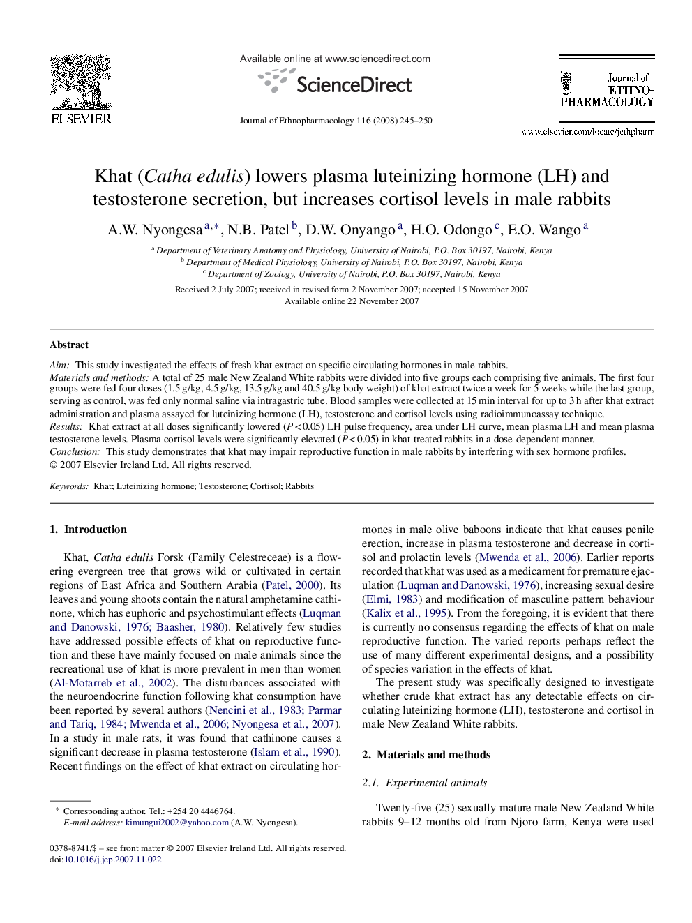 Khat (Catha edulis) lowers plasma luteinizing hormone (LH) and testosterone secretion, but increases cortisol levels in male rabbits