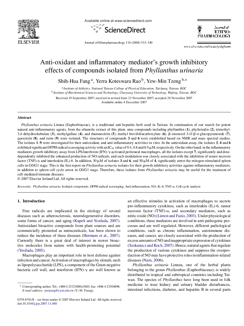 Anti-oxidant and inflammatory mediator's growth inhibitory effects of compounds isolated from Phyllanthus urinaria