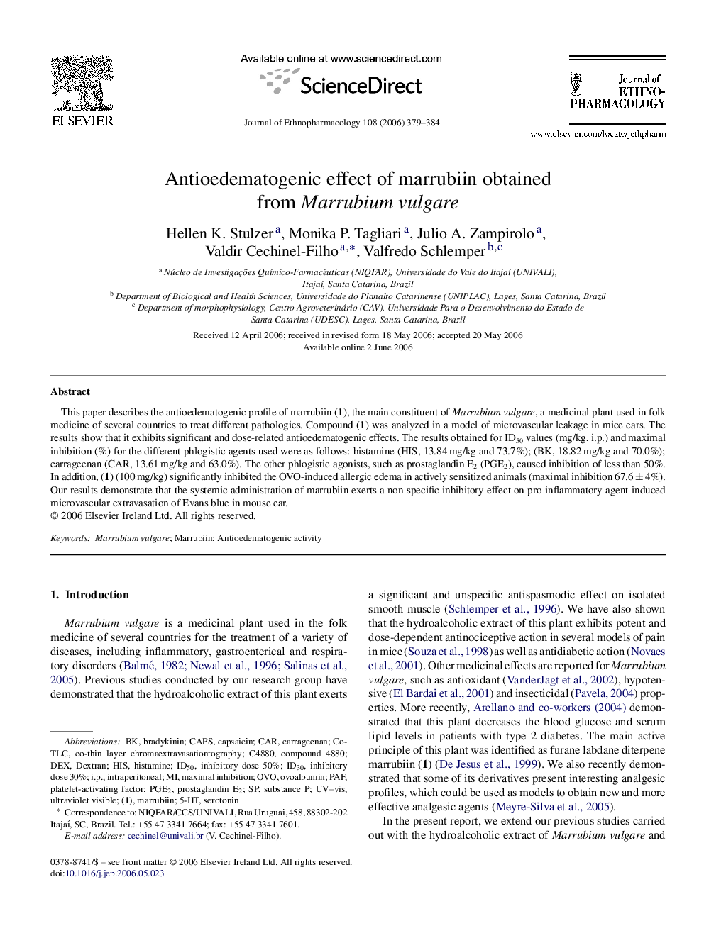 Antioedematogenic effect of marrubiin obtained from Marrubium vulgare