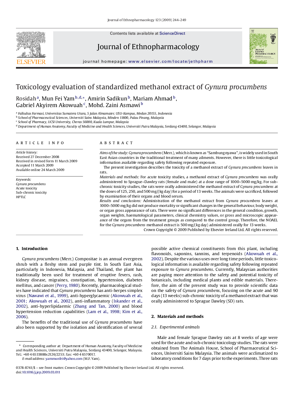 Toxicology evaluation of standardized methanol extract of Gynura procumbens