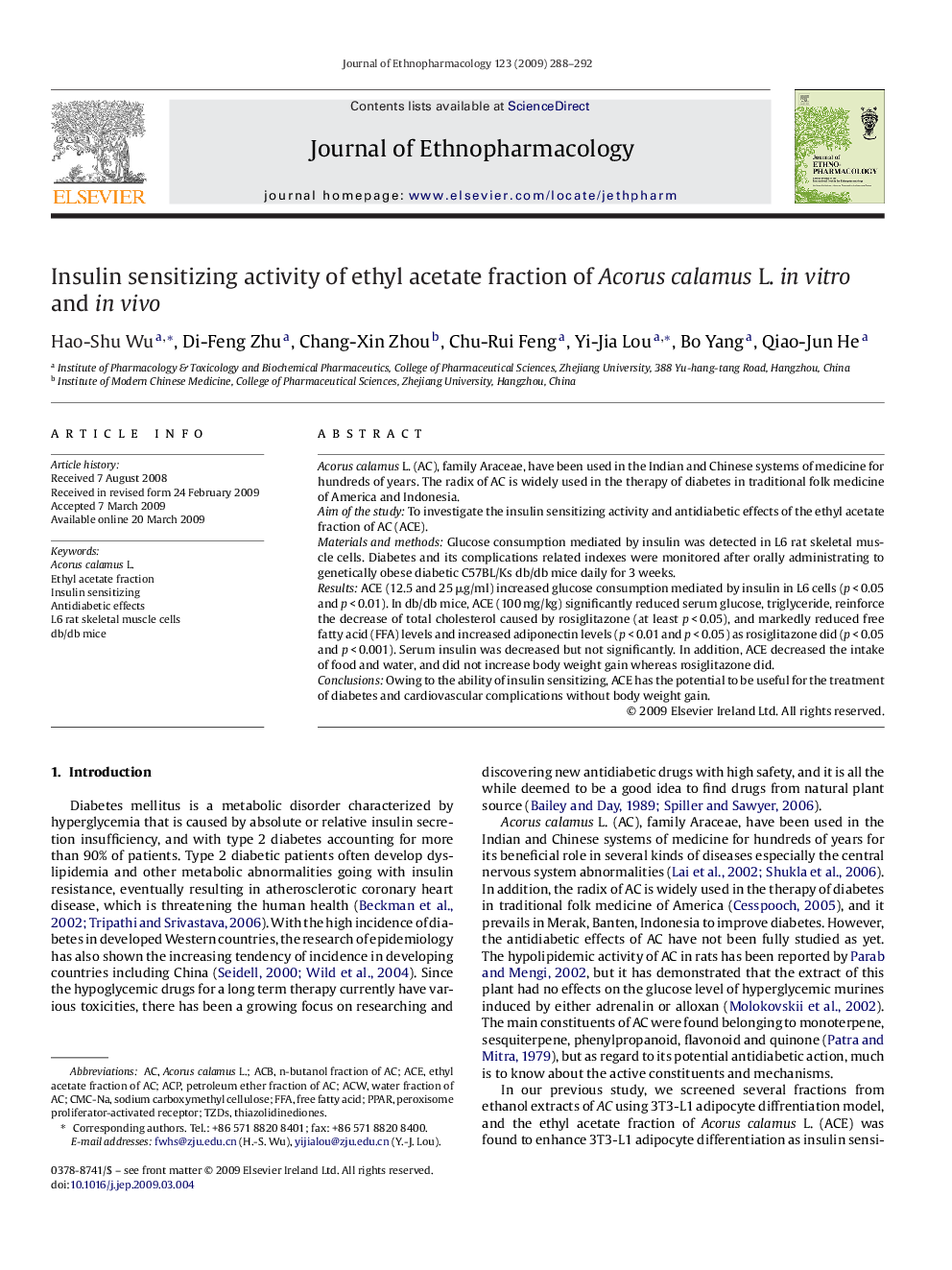 Insulin sensitizing activity of ethyl acetate fraction of Acorus calamus L. in vitro and in vivo