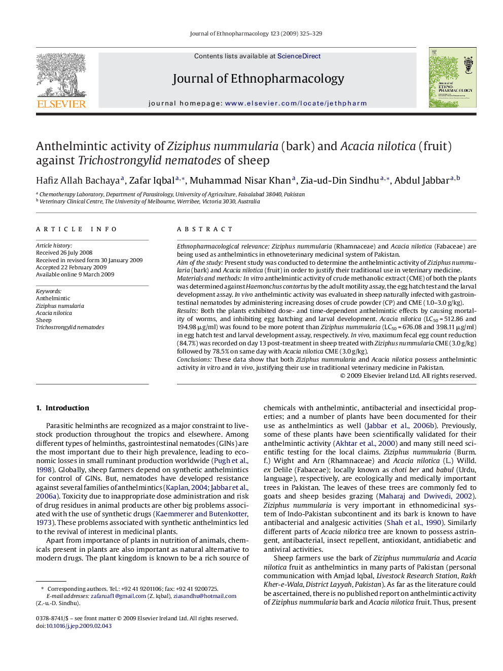 Anthelmintic activity of Ziziphus nummularia (bark) and Acacia nilotica (fruit) against Trichostrongylid nematodes of sheep