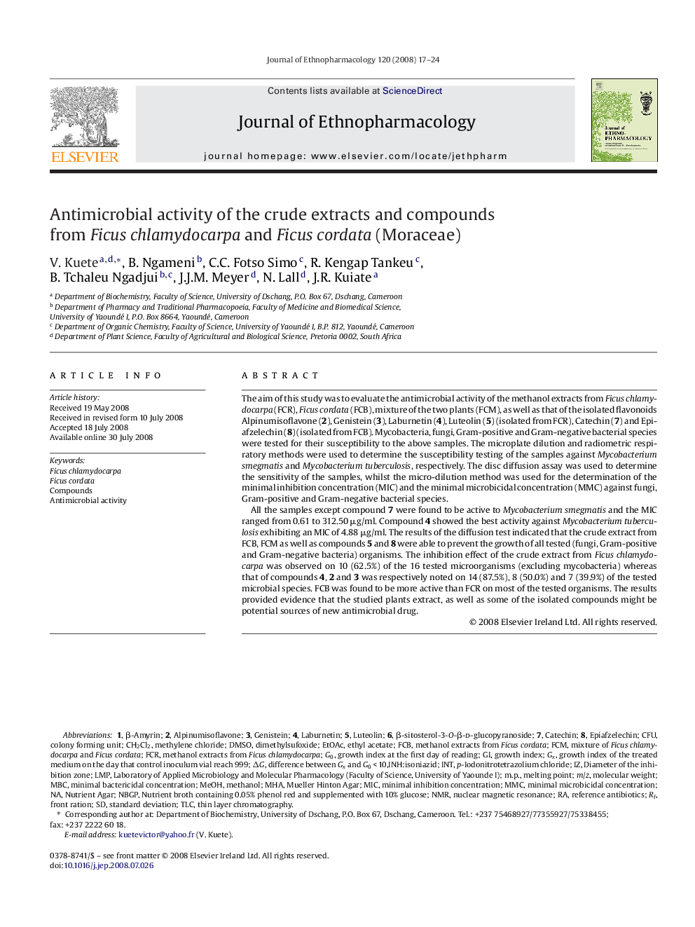 Antimicrobial activity of the crude extracts and compounds from Ficus chlamydocarpa and Ficus cordata (Moraceae)