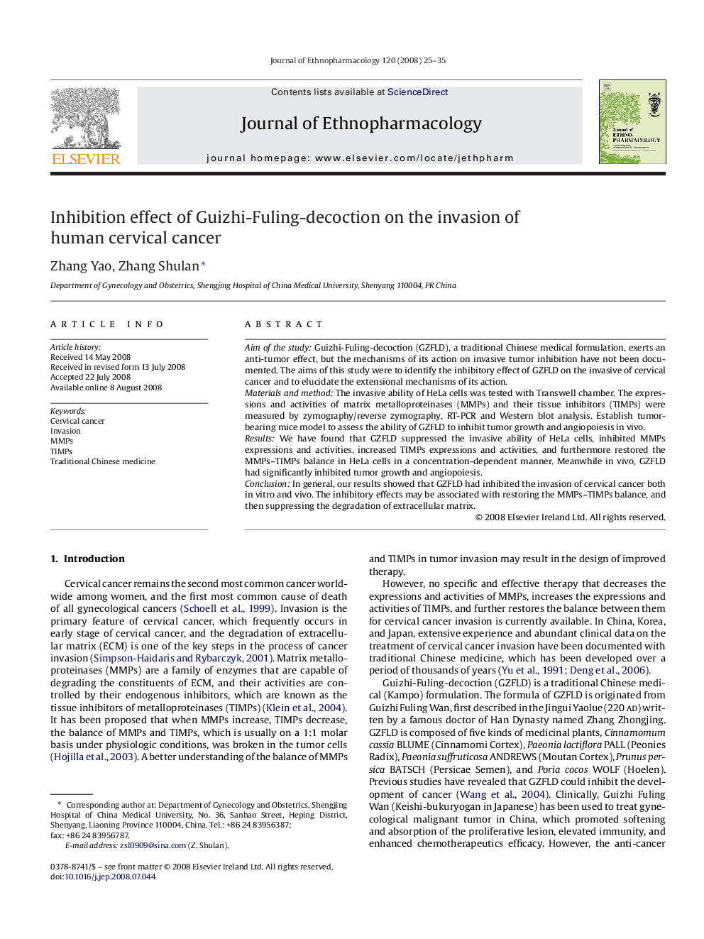 Inhibition effect of Guizhi-Fuling-decoction on the invasion of human cervical cancer