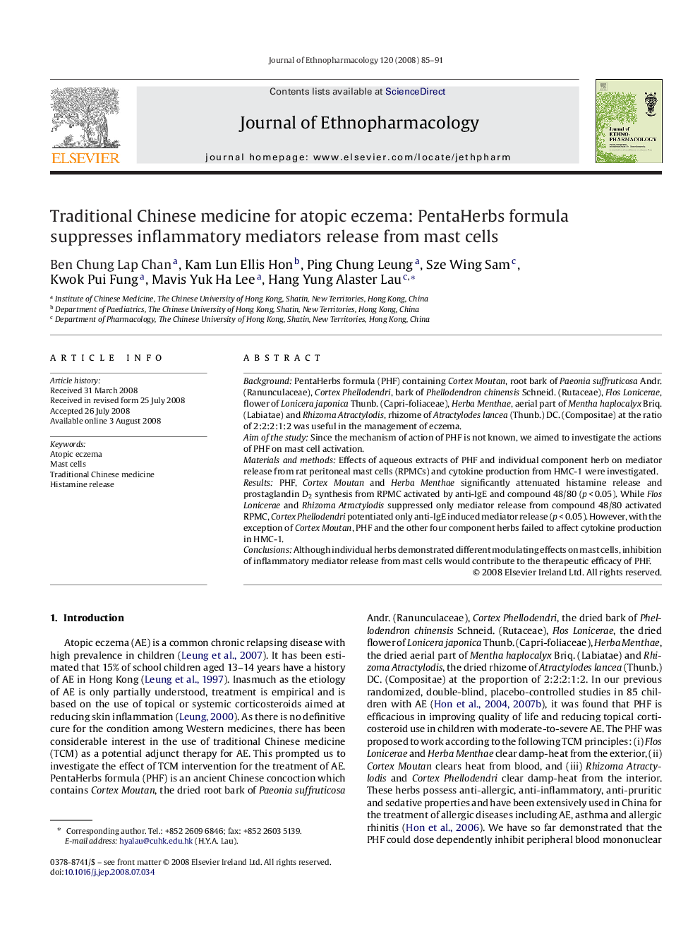 Traditional Chinese medicine for atopic eczema: PentaHerbs formula suppresses inflammatory mediators release from mast cells