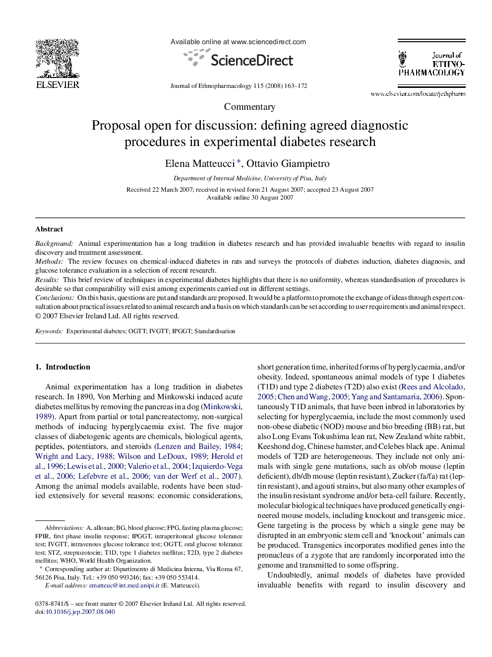 Proposal open for discussion: defining agreed diagnostic procedures in experimental diabetes research